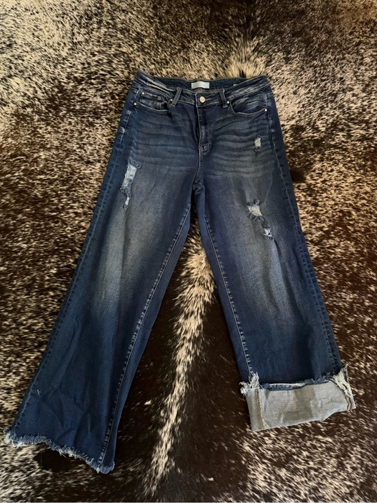 Petra 153 Denim - Petra 153 Dark Blue Distressed Cropped Wide-Leg Jeans
